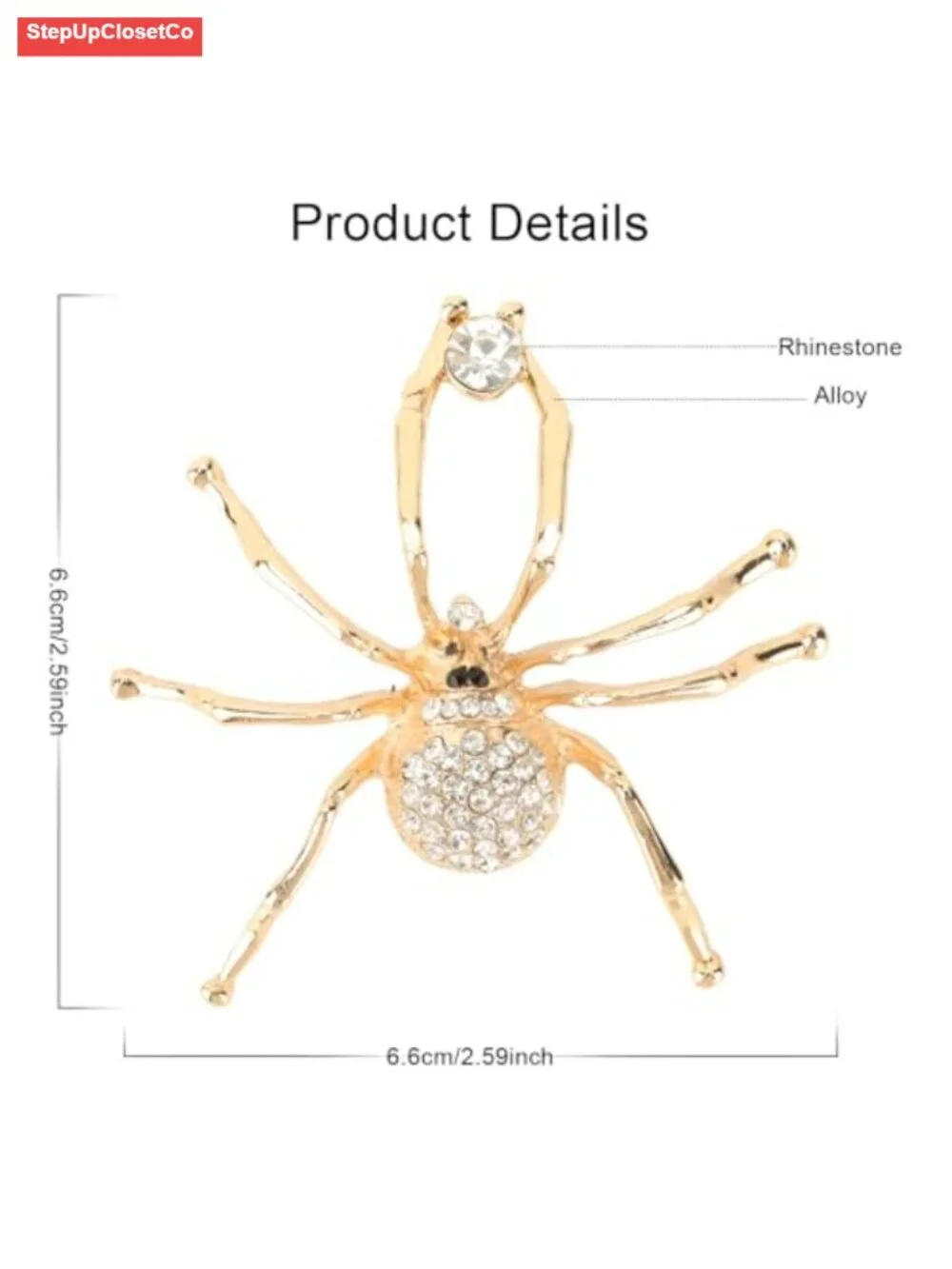 Gold Alloy Spider Brooch Pin with Rhinestones, Elegant Jewelry for Cardigan,